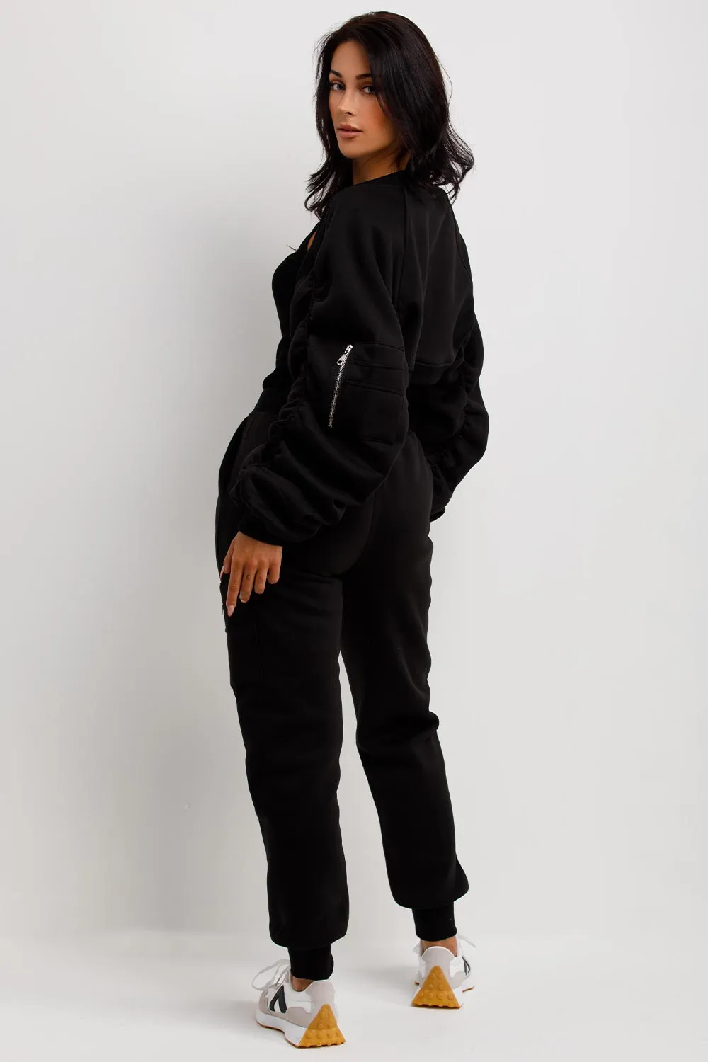 Black Three Piece Loungewear Set With Ruched Sleeves