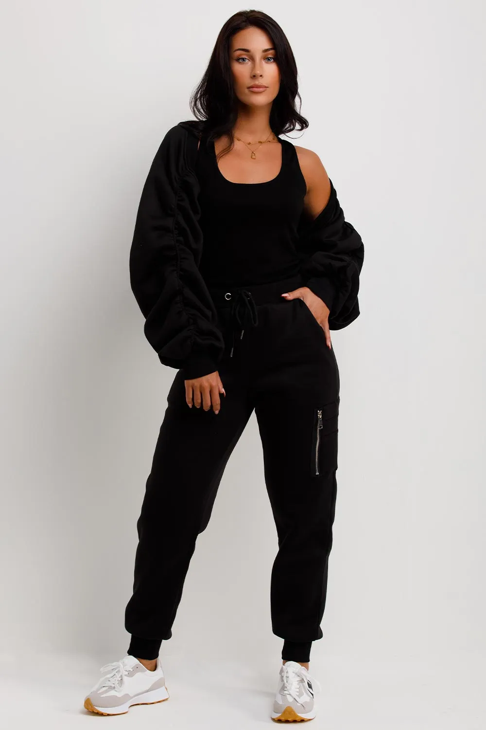 Black Three Piece Loungewear Set With Ruched Sleeves
