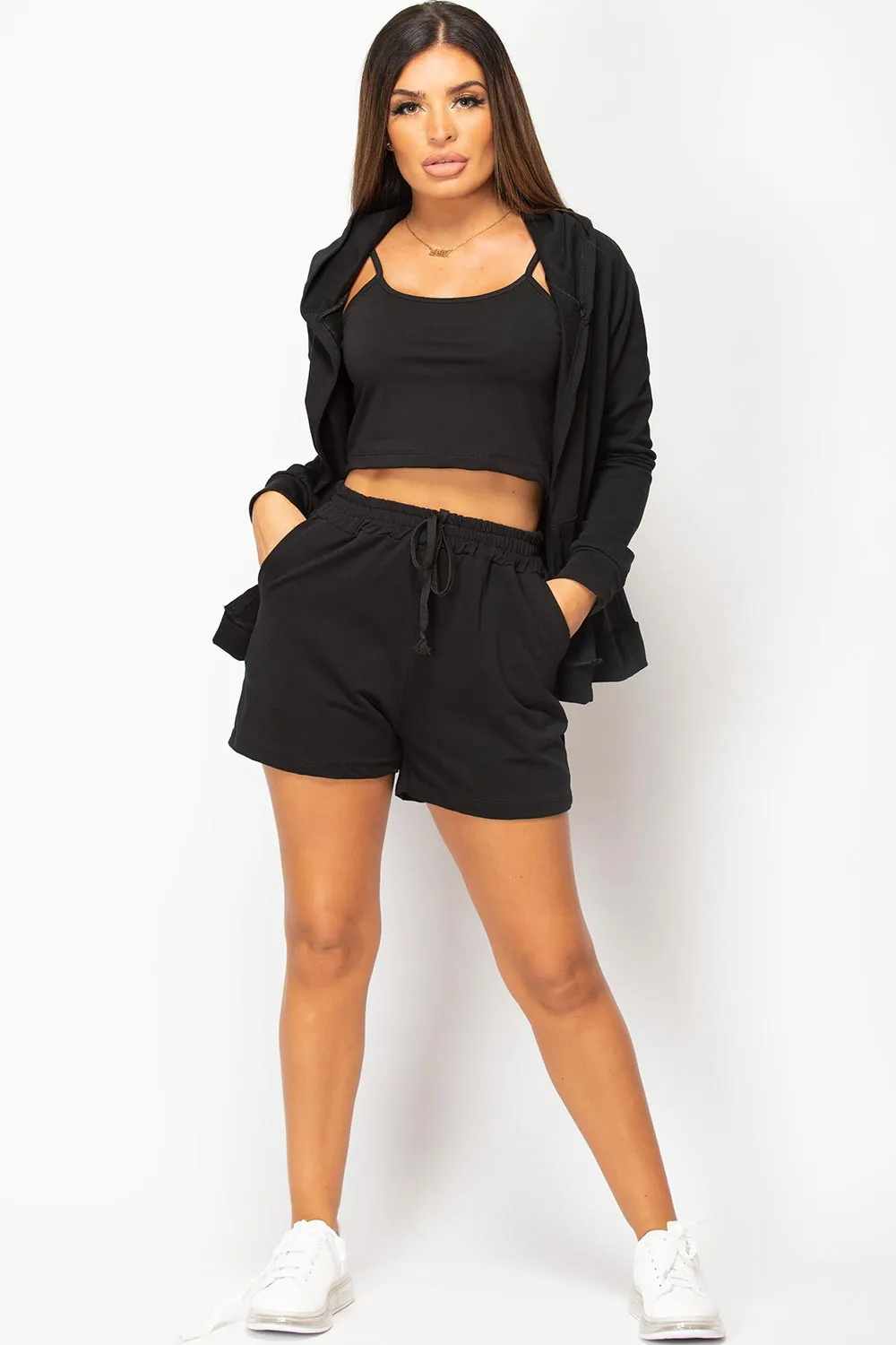 Black Three Piece Shorts Loungewear Set