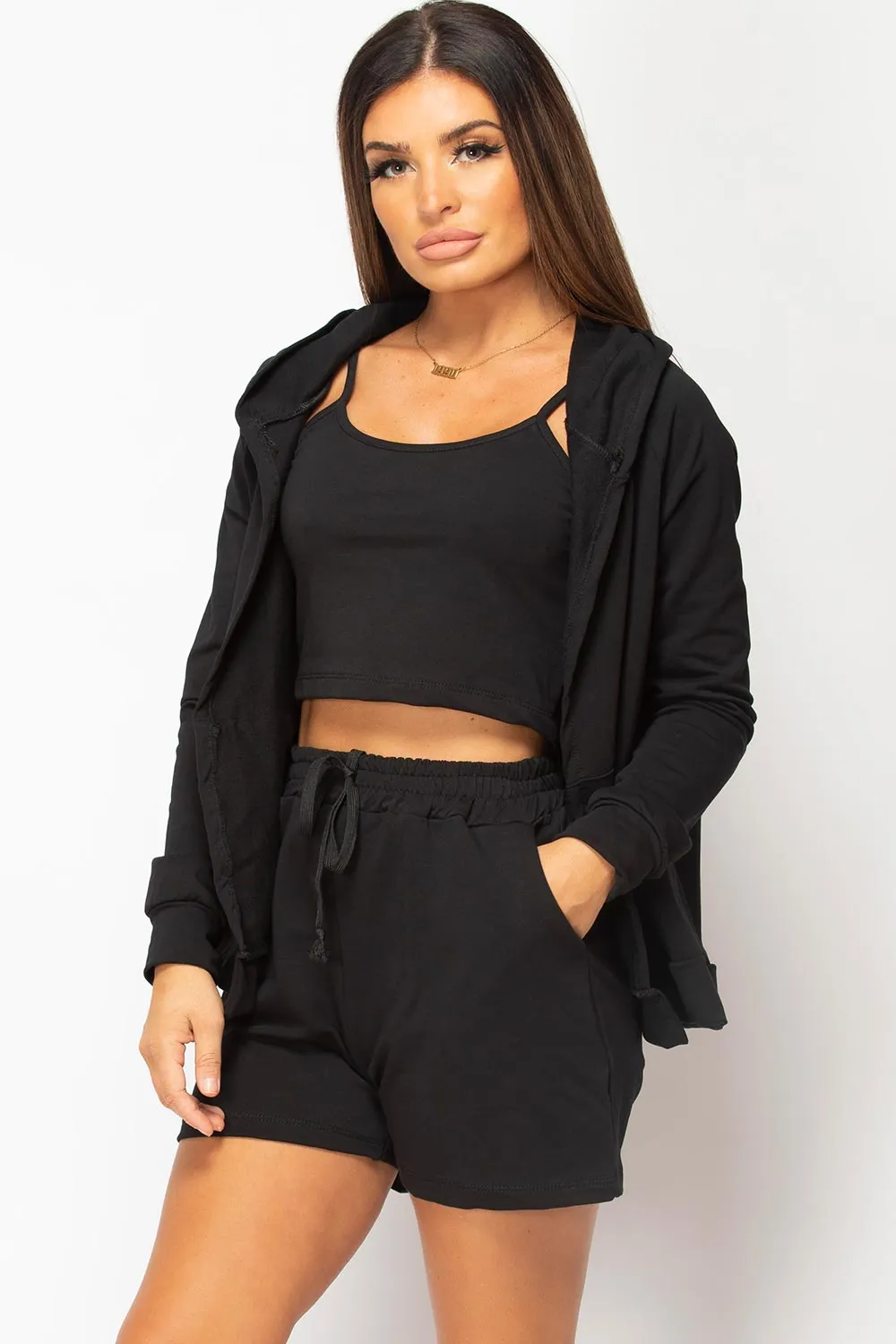 Black Three Piece Shorts Loungewear Set