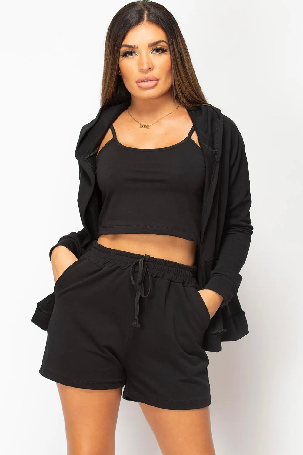 Black Three Piece Shorts Loungewear Set