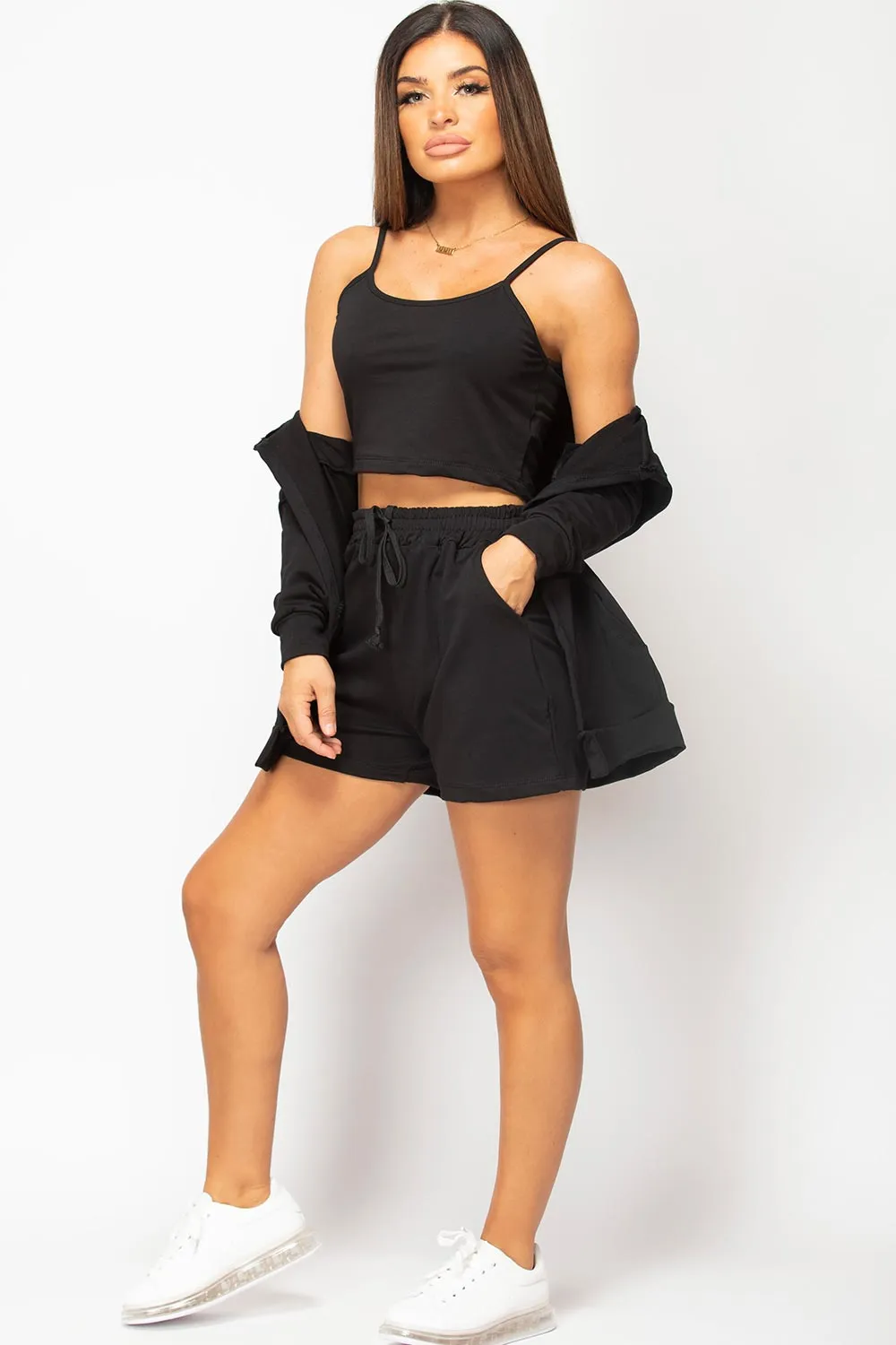 Black Three Piece Shorts Loungewear Set