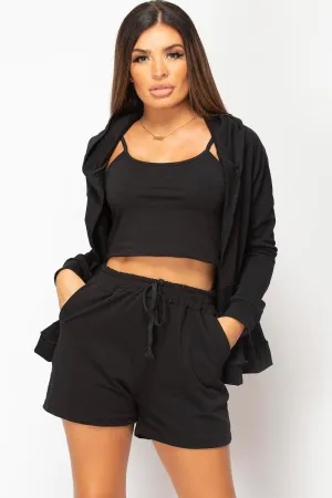 Black Three Piece Shorts Loungewear Set