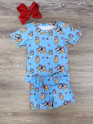 Blue Dog Patriotic Summer Short Sleeve Pajama Set