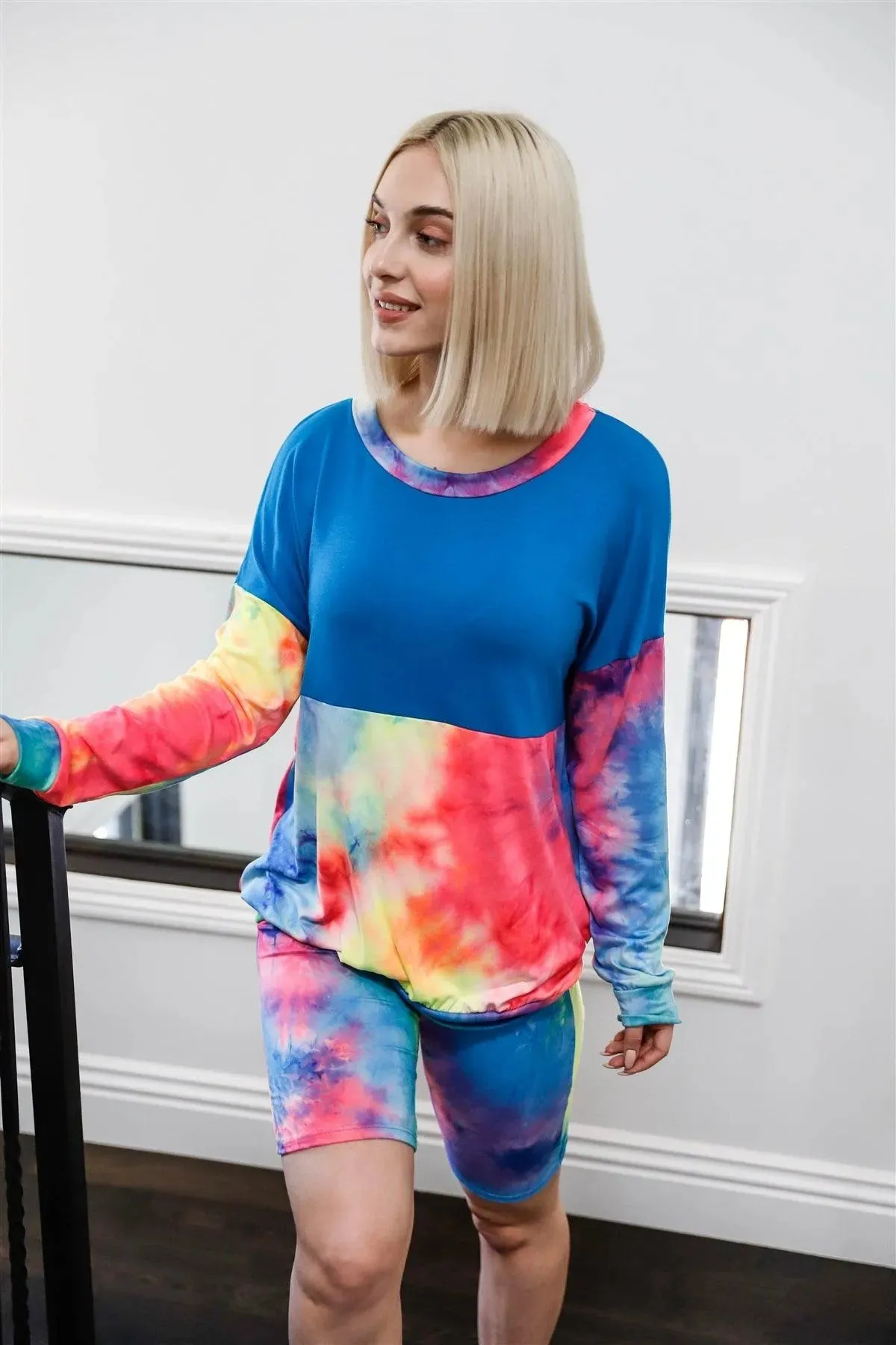 Blue Neon Rainbow Tie-Dye Colorblock Long Sleeve Top & Biker Shorts Set /1-1-1