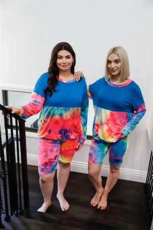 Blue Neon Rainbow Tie-Dye Colorblock Long Sleeve Top & Biker Shorts Set /1-1-1