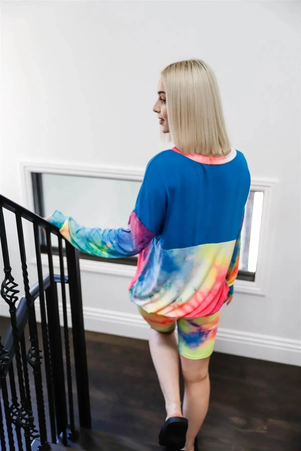 Blue Neon Rainbow Tie-Dye Colorblock Long Sleeve Top & Biker Shorts Set /1-1-1