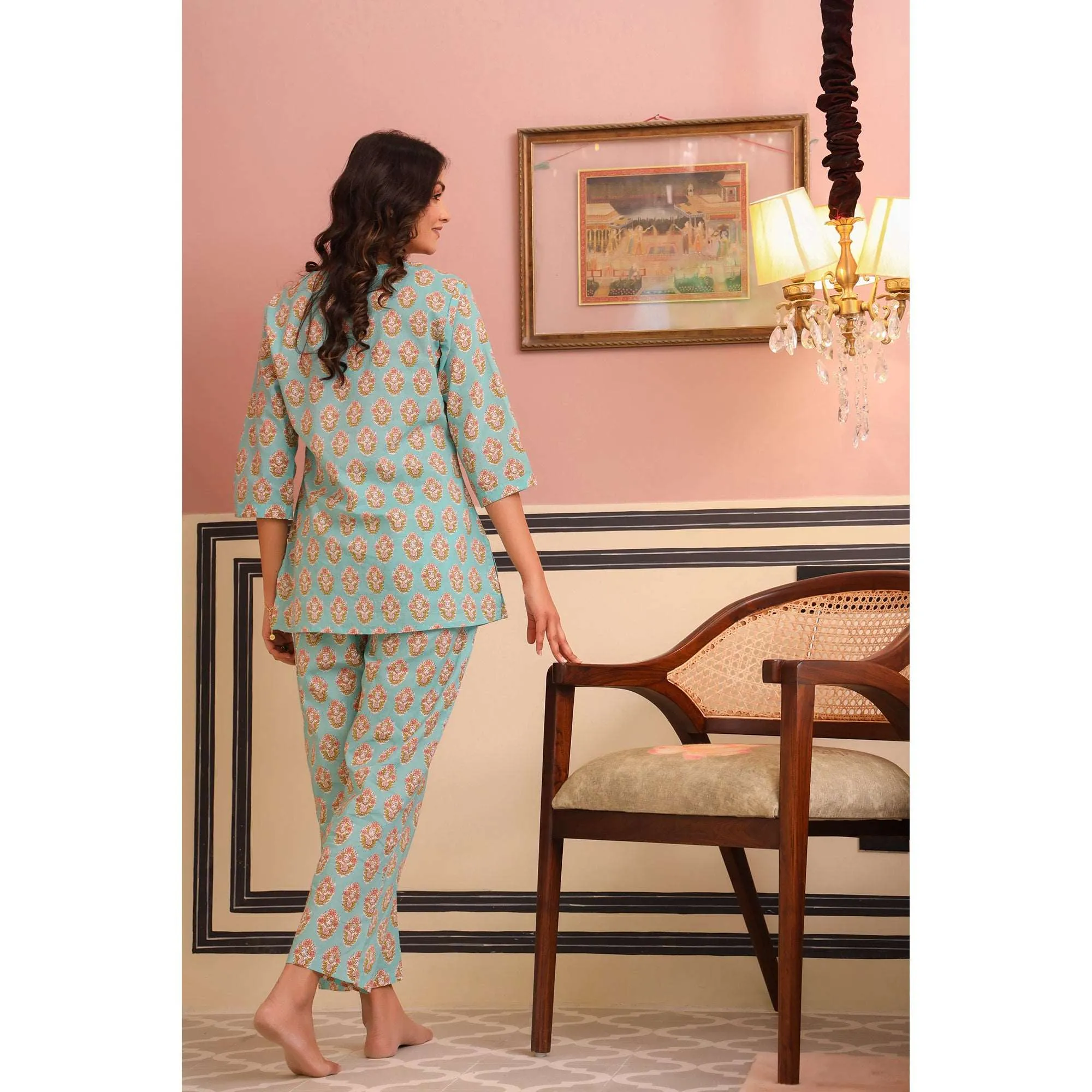 Bouquet Motif on Sky Blue Loungewear Top Set