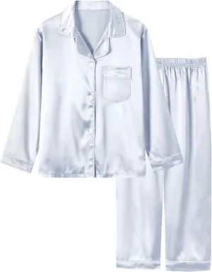 Boys Girls Pajama Set 2 Pieces Cute Girls Satin Pajamas Long Sleeve   Pants, Silky Button Down PJ Set Size 5-14