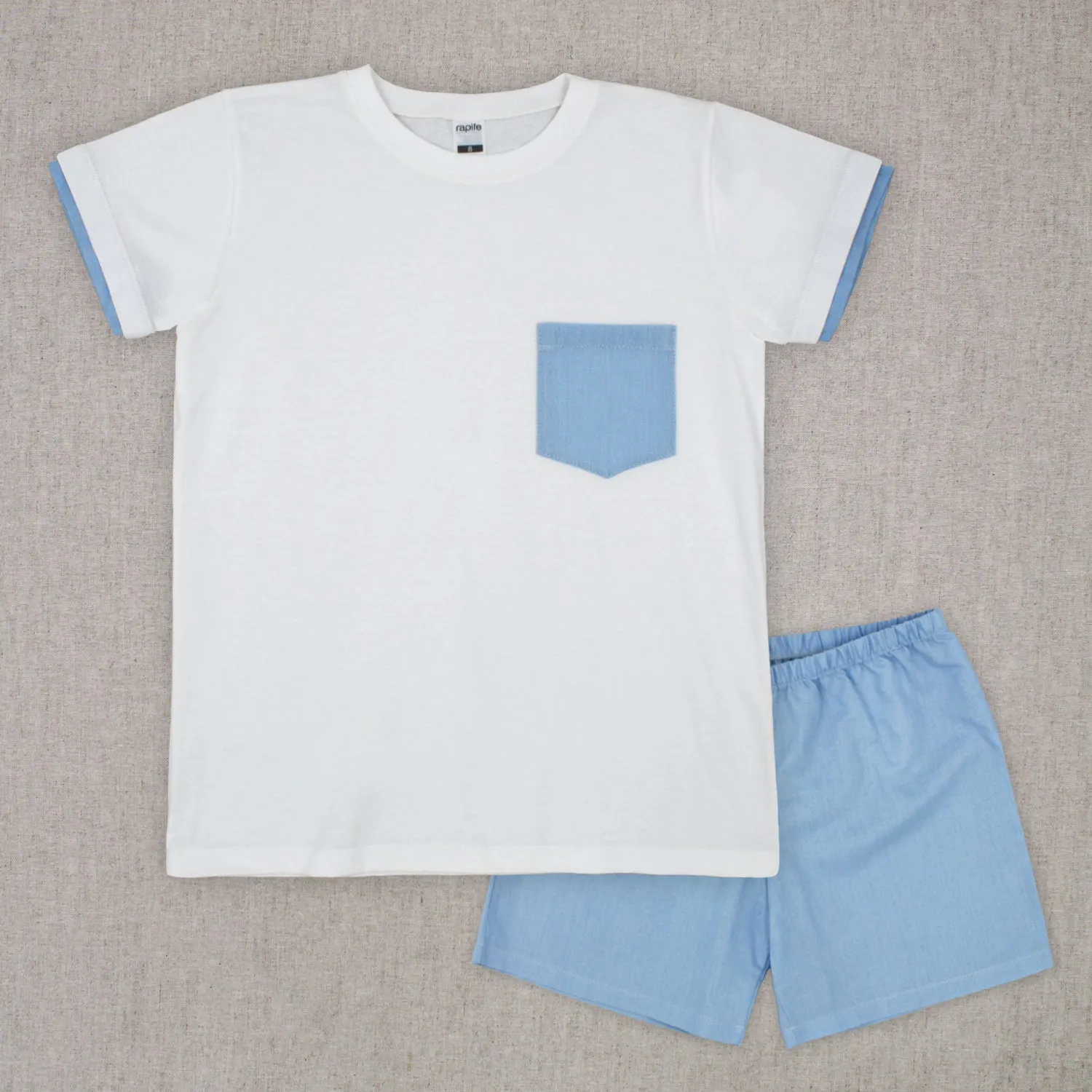 Boys White & Blue Linen Shorts Set By Rapife