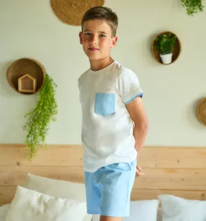 Boys White & Blue Linen Shorts Set By Rapife