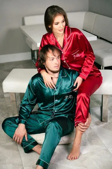 Bride and Groom, Mr and Mrs Custom Satin Pajamas for Couple - L L