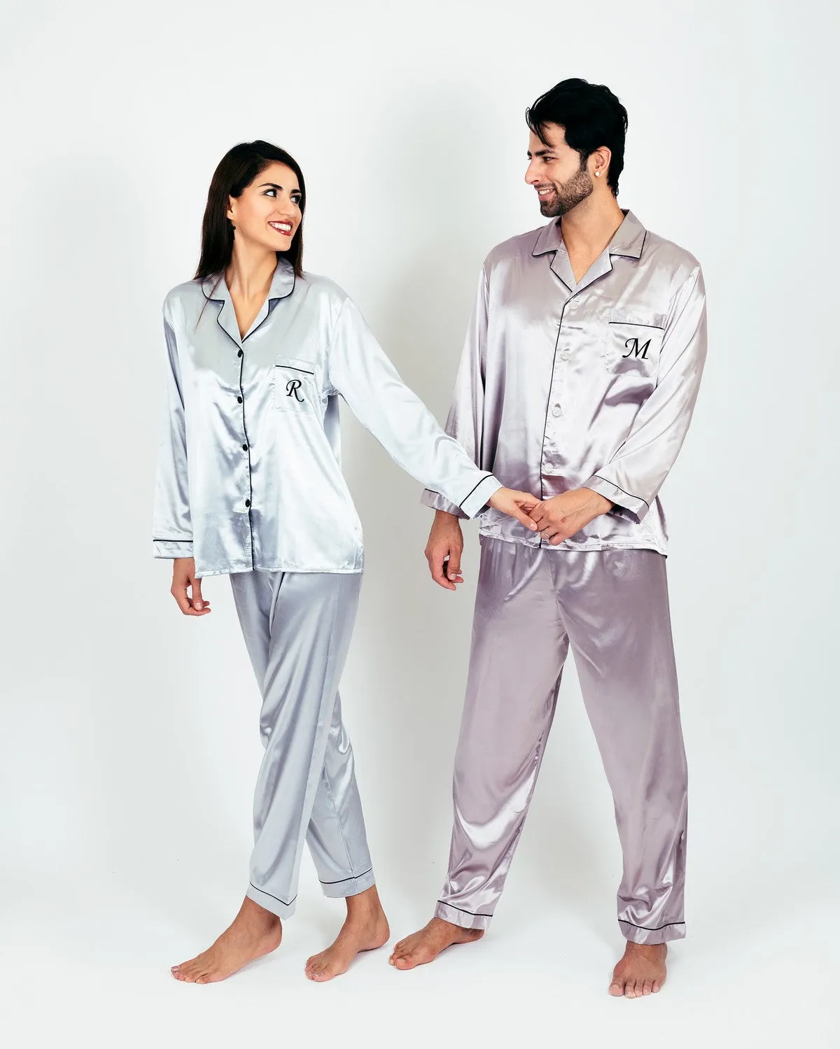 Bride and Groom, Mr and Mrs Custom Satin Pajamas for Couple - L L