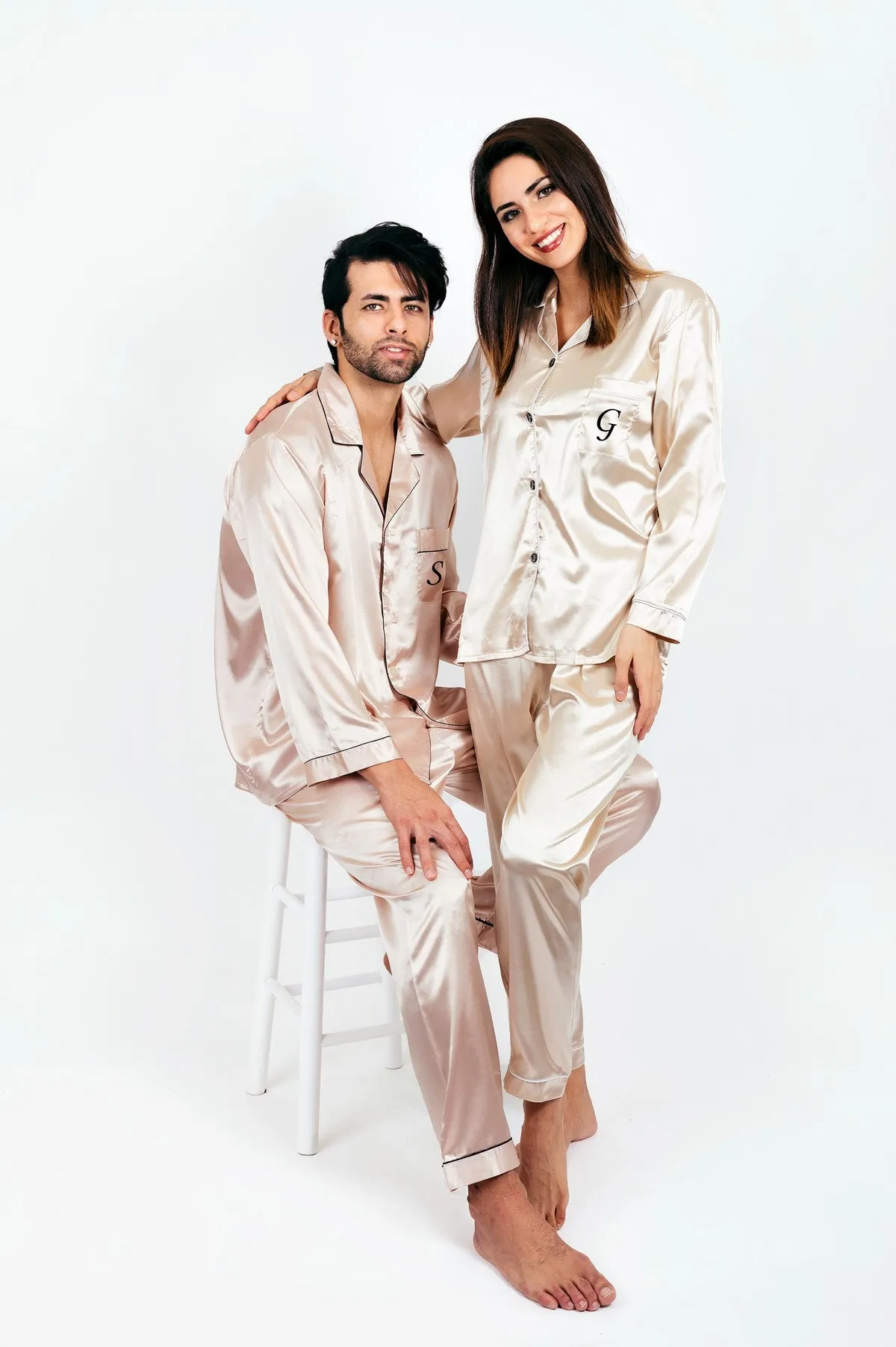Bride and Groom, Mr and Mrs Custom Satin Pajamas for Couple - L L