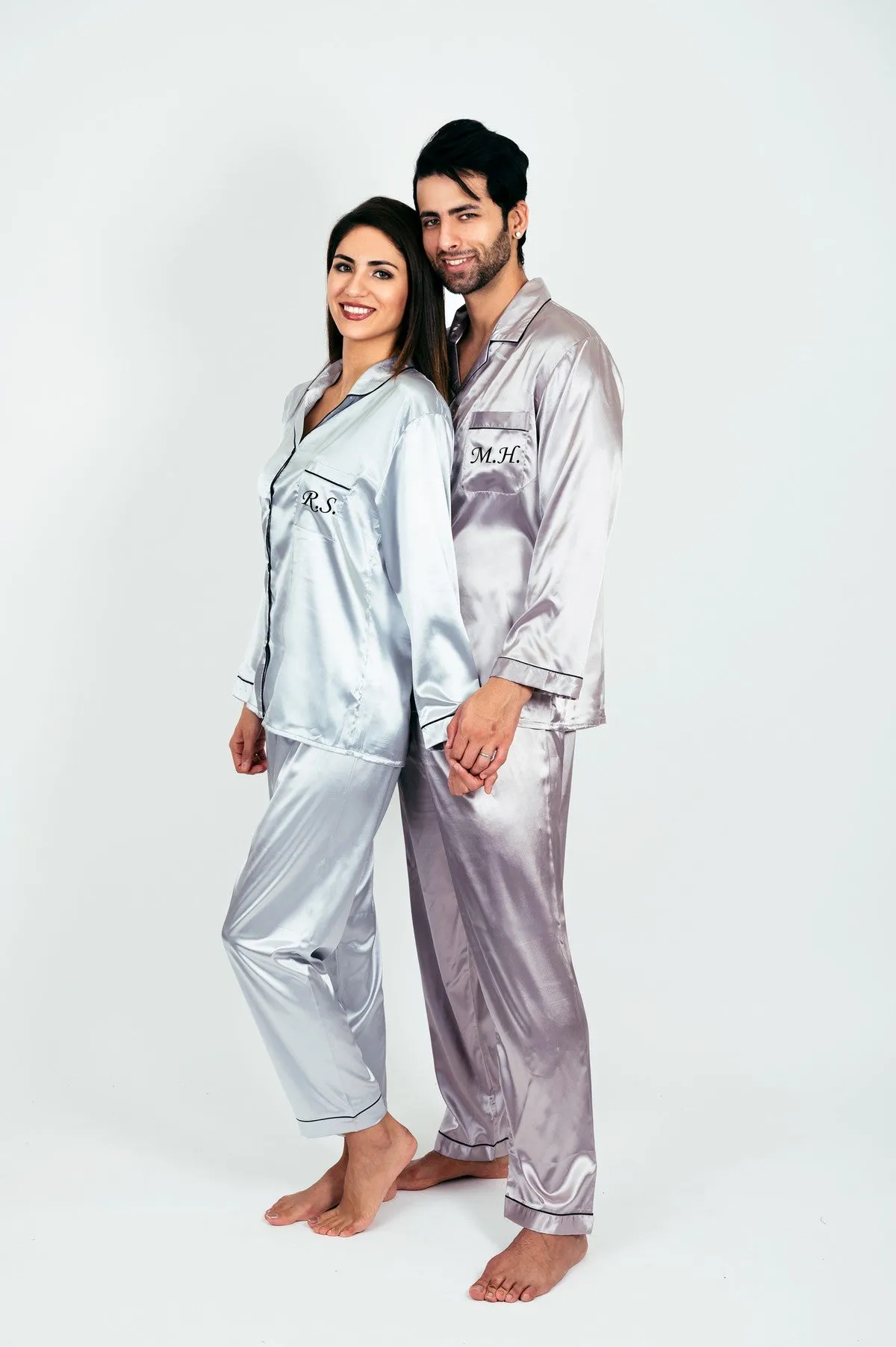 Bride and Groom, Mr and Mrs Custom Satin Pajamas for Couple - L L