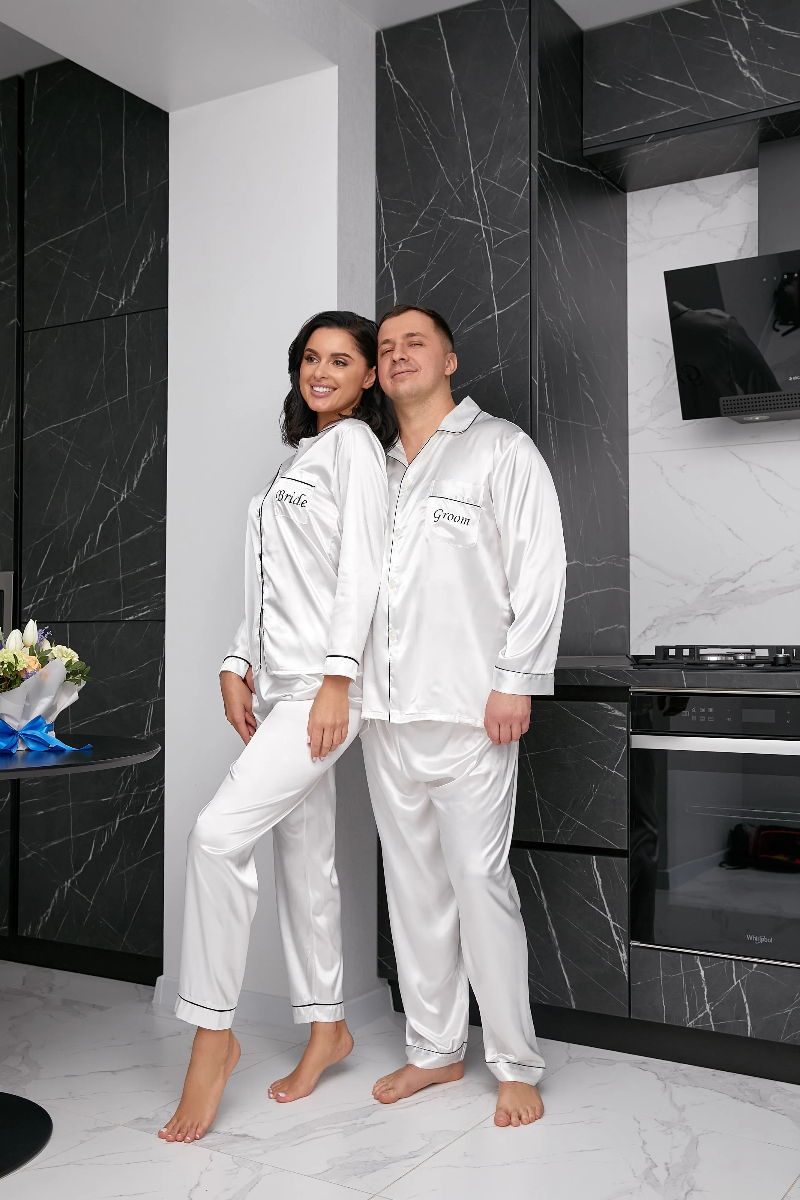 Bride and Groom, Mr and Mrs Custom Satin Pajamas for Couple - L L