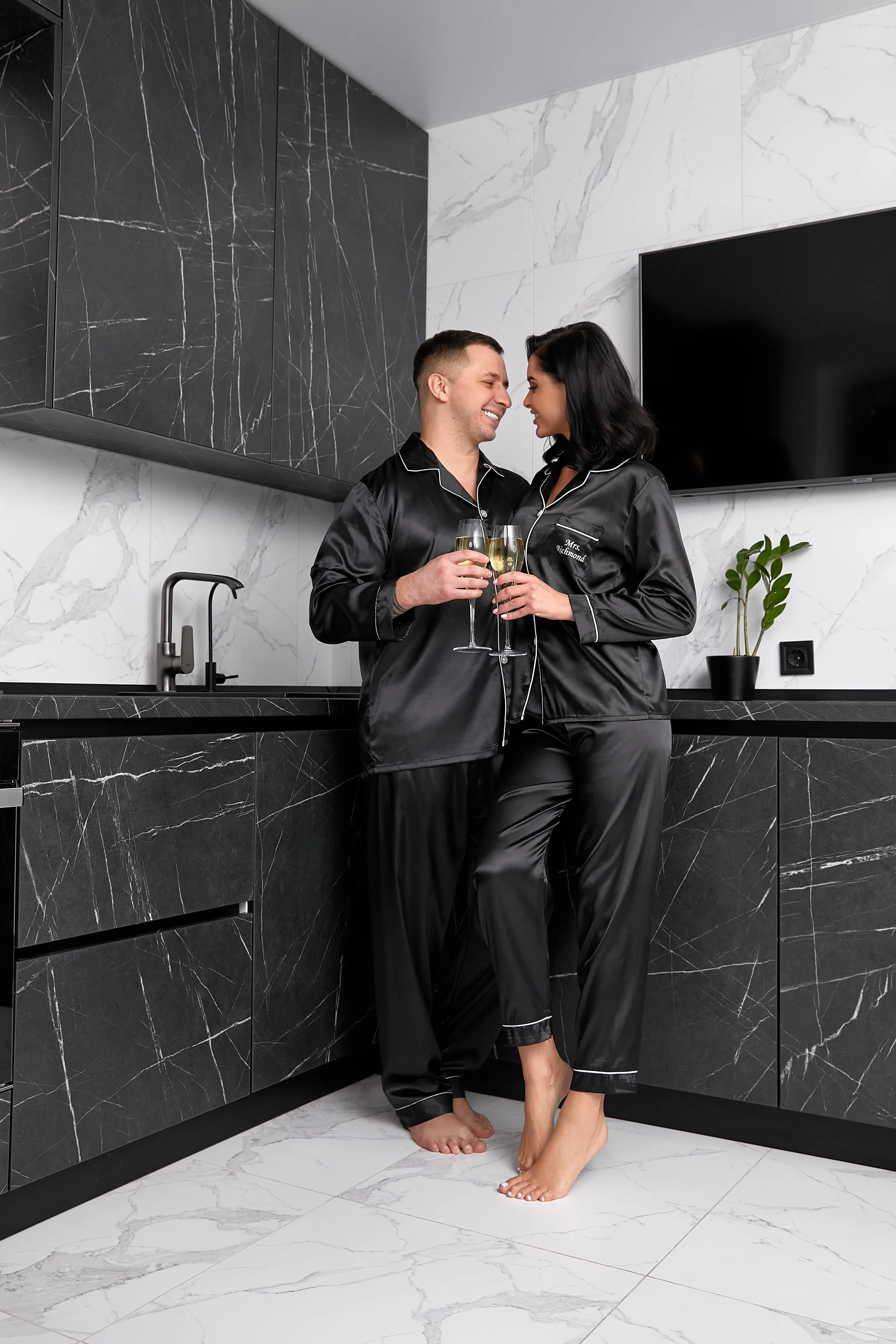 Bride and Groom, Mr and Mrs Custom Satin Pajamas for Couple - L L