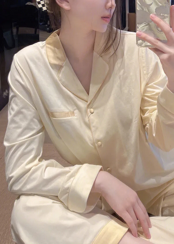 Brief Light Yellow Peter Pan Collar Patchwork Button Solid Ice Silk Pajamas Two Pieces Set Long Sleeve TO1011