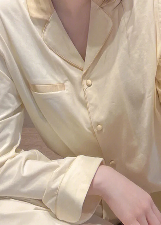 Brief Light Yellow Peter Pan Collar Patchwork Button Solid Ice Silk Pajamas Two Pieces Set Long Sleeve TO1011