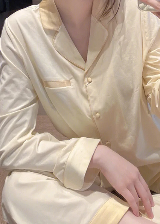 Brief Light Yellow Peter Pan Collar Patchwork Button Solid Ice Silk Pajamas Two Pieces Set Long Sleeve TO1011
