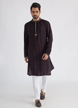 Brown Embroidered Silk Kurta Pant Set
