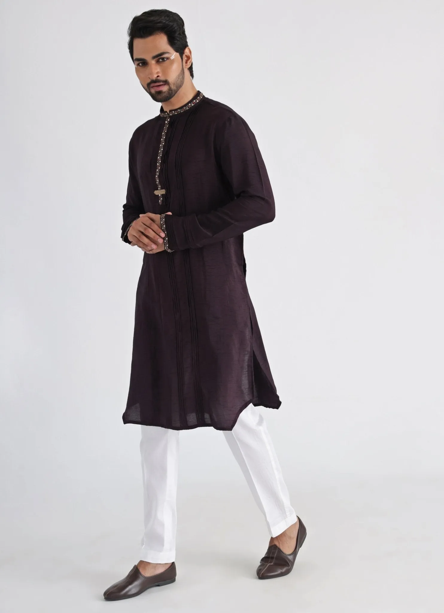 Brown Embroidered Silk Kurta Pant Set