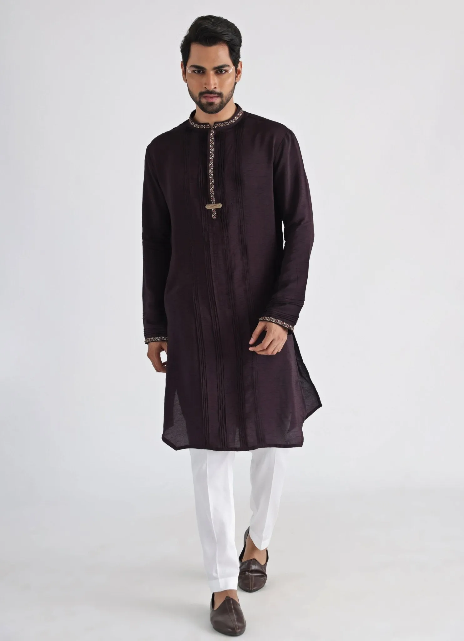 Brown Embroidered Silk Kurta Pant Set