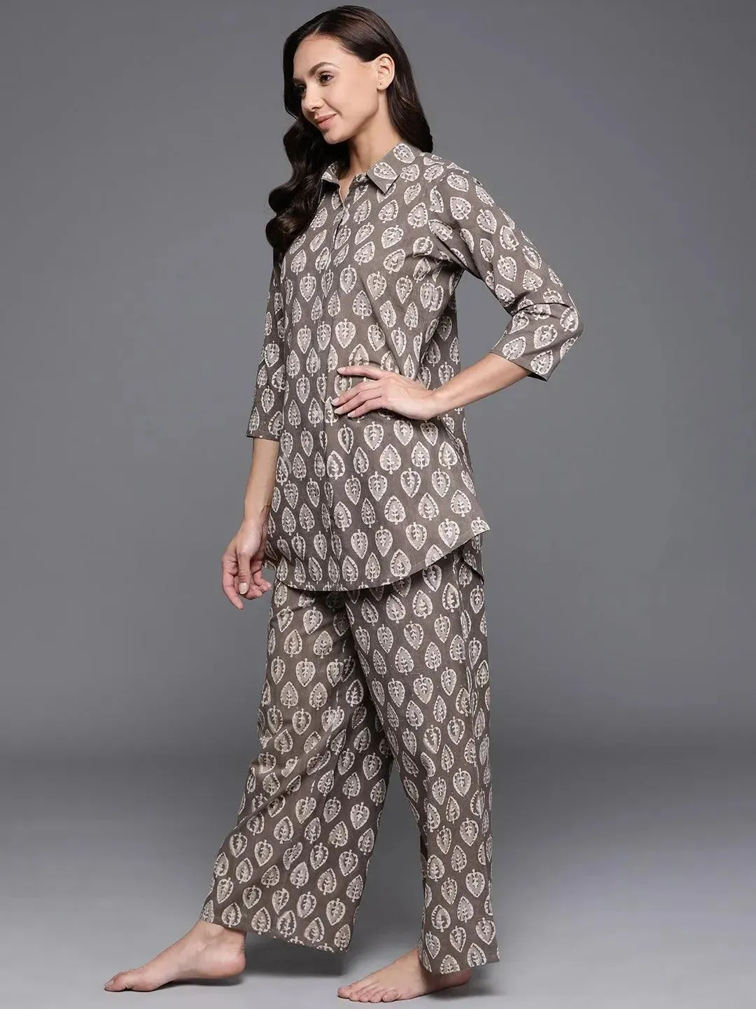 Brown Printed Cotton Night Suit