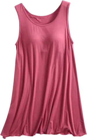 Built-in Bra Padded Pajamas for Women, Sleeveless Tank Dress Solid Round Neck Nightwear Flowy Soft Lounge Sleepwear