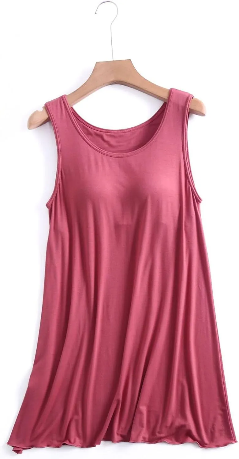 Built-in Bra Padded Pajamas for Women, Sleeveless Tank Dress Solid Round Neck Nightwear Flowy Soft Lounge Sleepwear