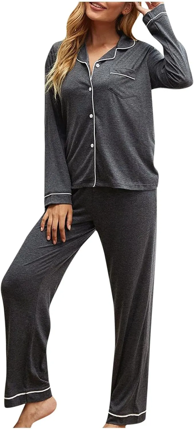 Button Up Pajamas for Women 2 Piece Lounge Sets Lapel Long Sleeve Shirts Long Pants Soft Comfy Sleepwear