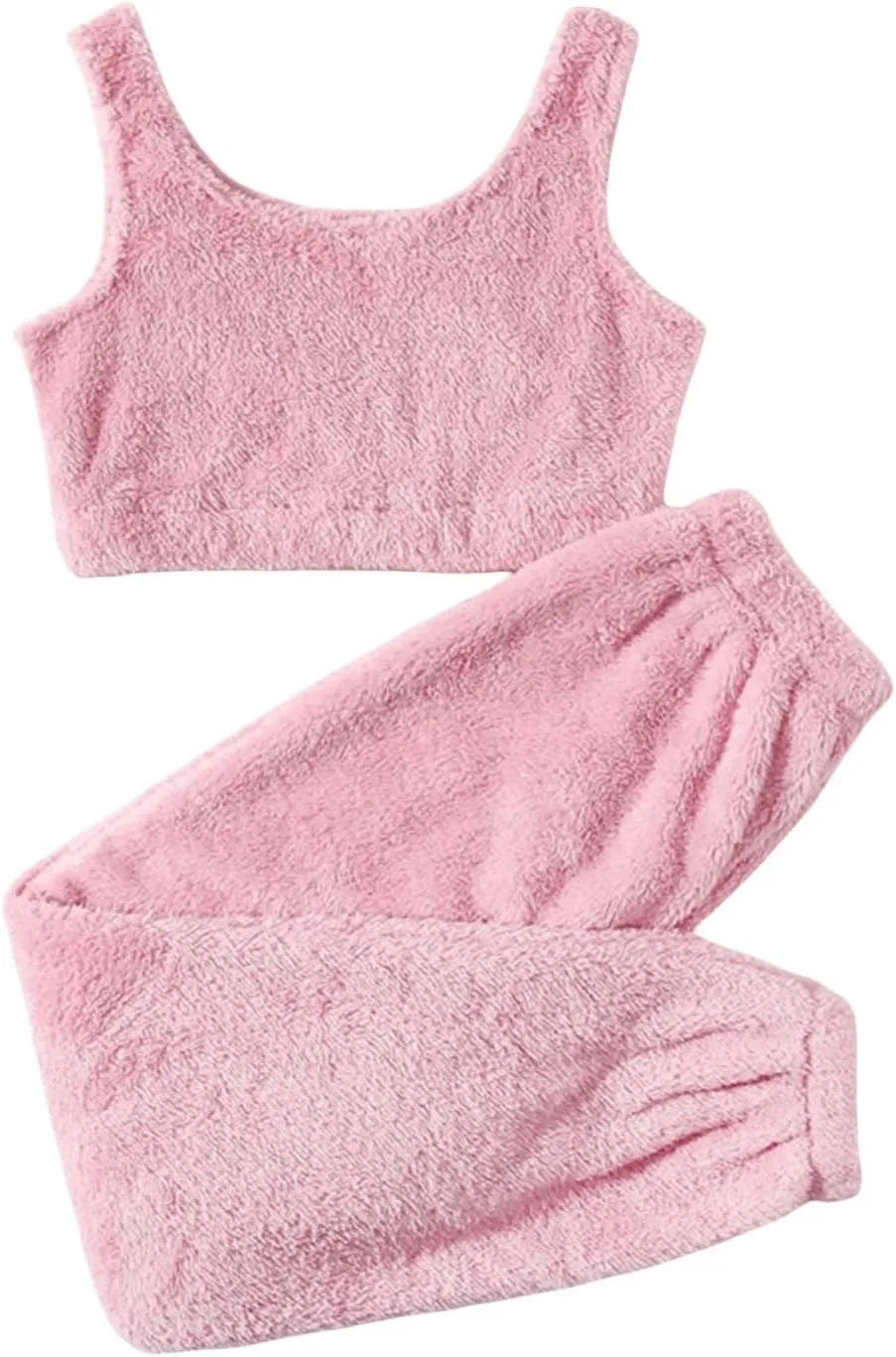 Canbebig Women's Fuzzy 2 Piece Lounge Sets Crop Tank Tops Wide Leg Long Pants Outfits Pajamas Soft Sherpa Fluffy Sleepwear