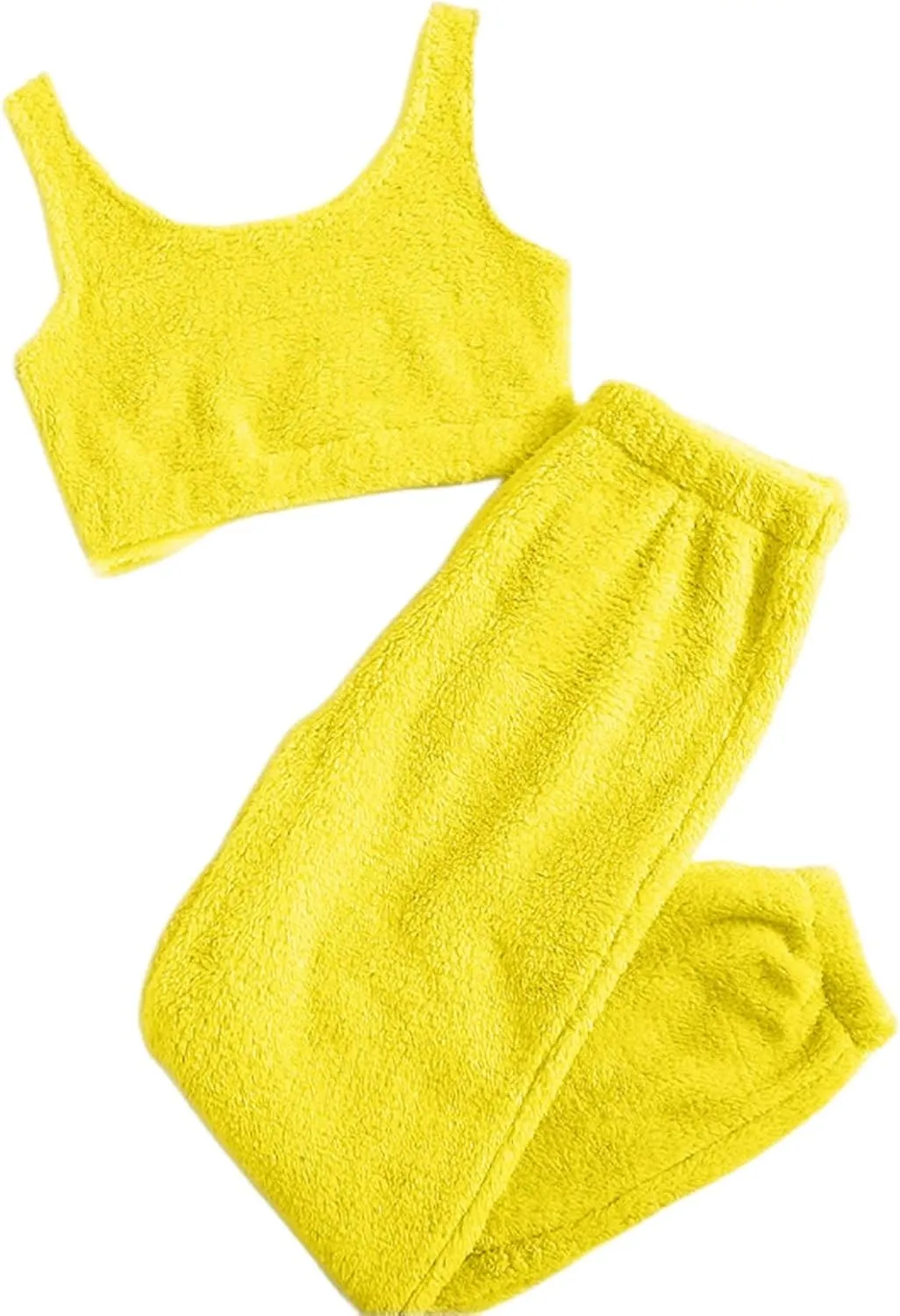 Canbebig Women's Fuzzy 2 Piece Lounge Sets Crop Tank Tops Wide Leg Long Pants Outfits Pajamas Soft Sherpa Fluffy Sleepwear