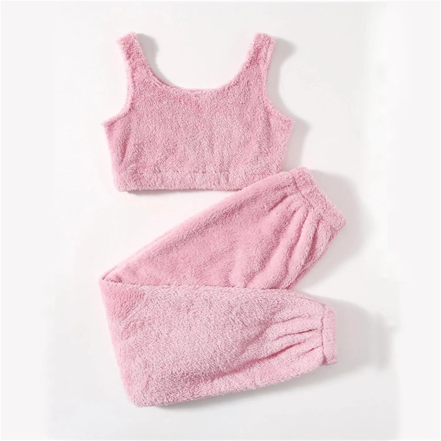 Canbebig Women's Fuzzy 2 Piece Lounge Sets Crop Tank Tops Wide Leg Long Pants Outfits Pajamas Soft Sherpa Fluffy Sleepwear