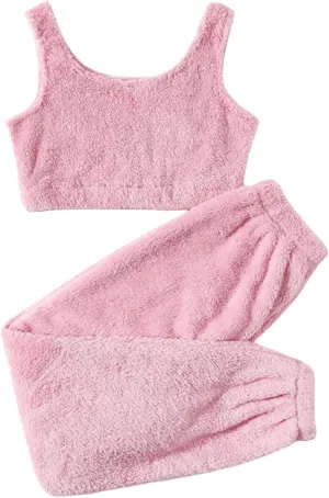 Canbebig Women's Fuzzy 2 Piece Lounge Sets Crop Tank Tops Wide Leg Long Pants Outfits Pajamas Soft Sherpa Fluffy Sleepwear