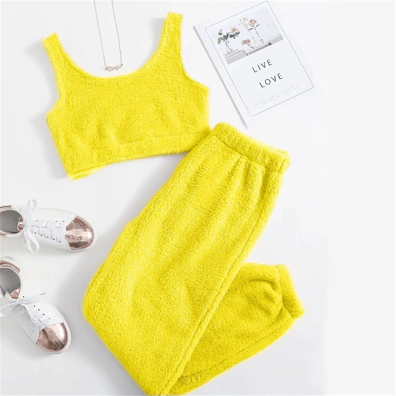 Canbebig Women's Fuzzy 2 Piece Lounge Sets Crop Tank Tops Wide Leg Long Pants Outfits Pajamas Soft Sherpa Fluffy Sleepwear