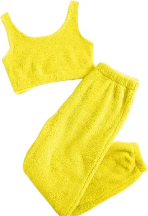 Canbebig Women's Fuzzy 2 Piece Lounge Sets Crop Tank Tops Wide Leg Long Pants Outfits Pajamas Soft Sherpa Fluffy Sleepwear