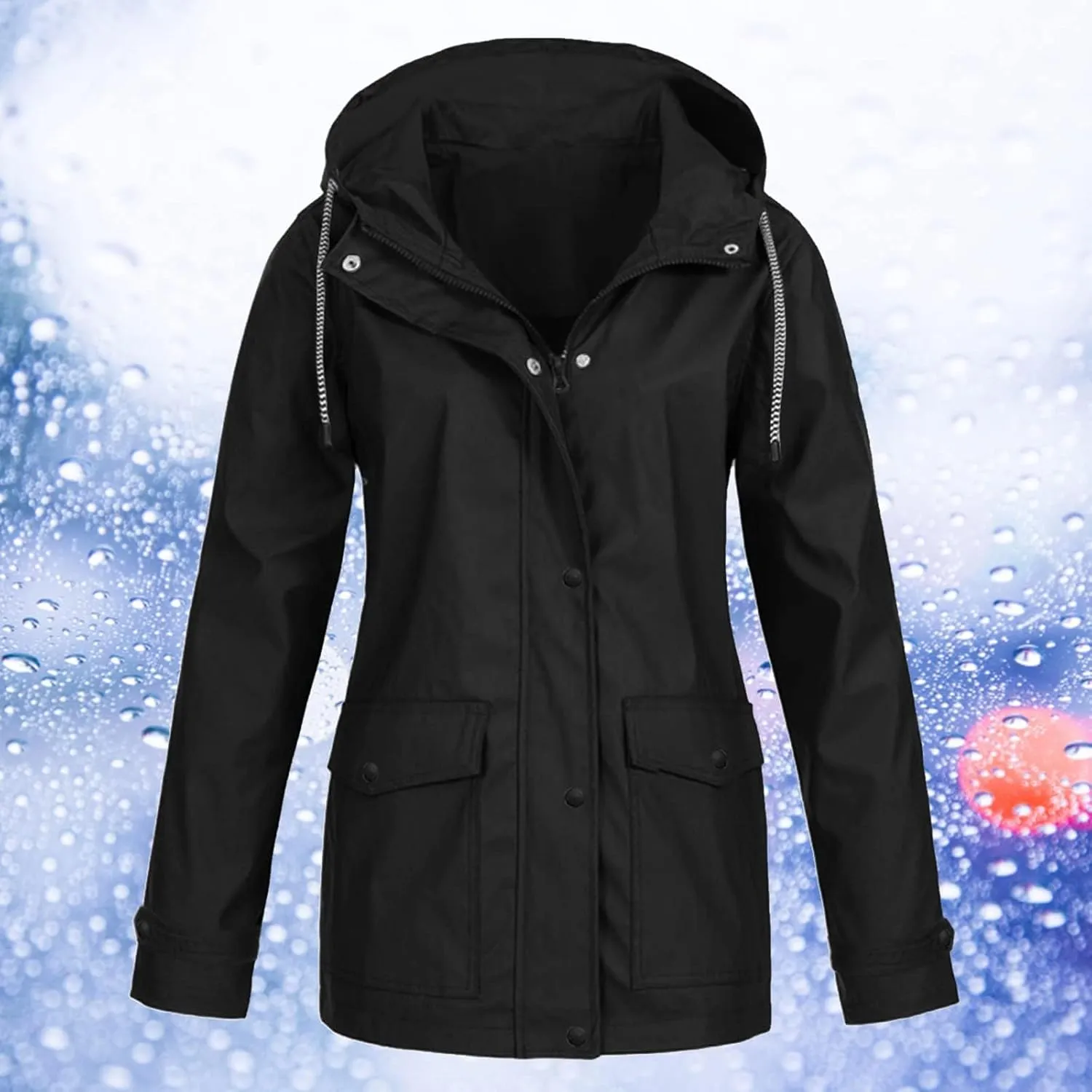 Canbebig Women's Raincoats Waterproof Rain Jacket Windbreaker Lightweight Outdoor Jacket Hooded Trench Coats with Drawstring