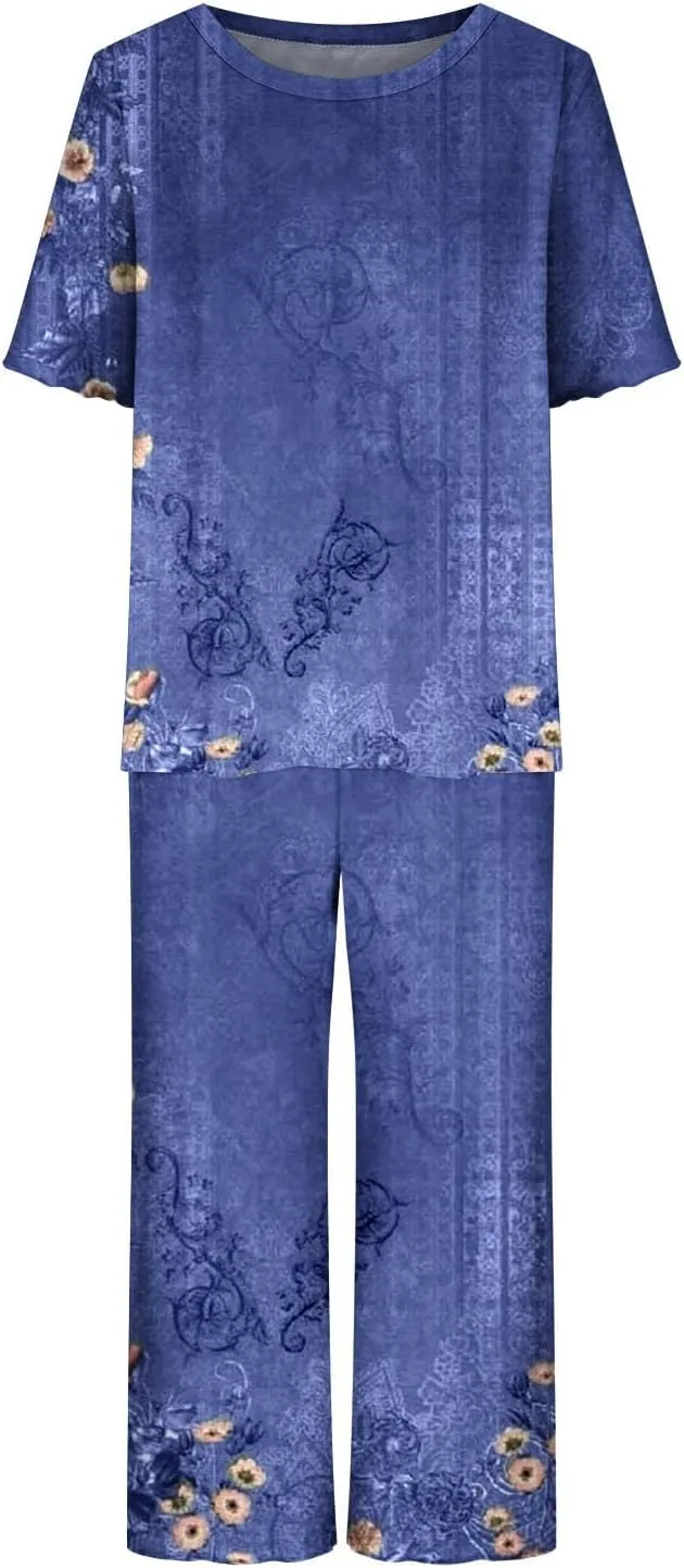 Capri Pajama Sets for Women Plus Size Floral Print Soft Sleepwear Short Sleeve Tops & Pants 2 Piece Lounge Set