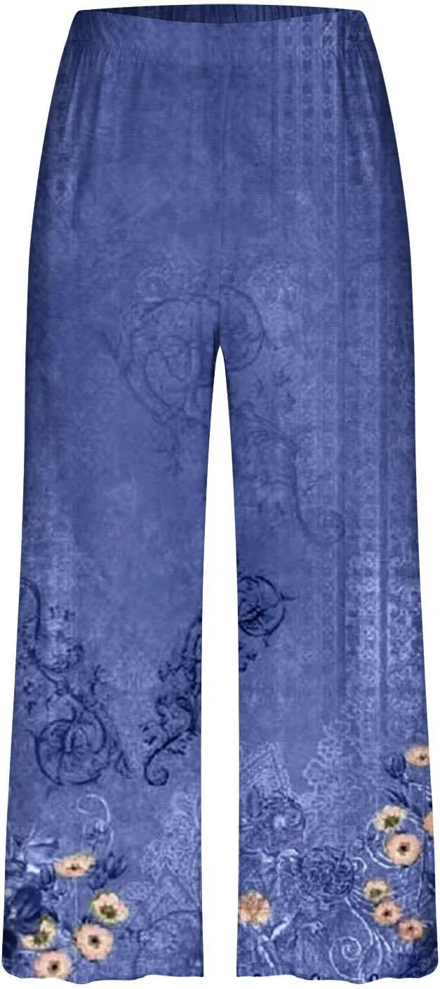 Capri Pajama Sets for Women Plus Size Floral Print Soft Sleepwear Short Sleeve Tops & Pants 2 Piece Lounge Set