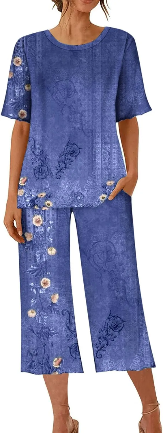 Capri Pajama Sets for Women Plus Size Floral Print Soft Sleepwear Short Sleeve Tops & Pants 2 Piece Lounge Set