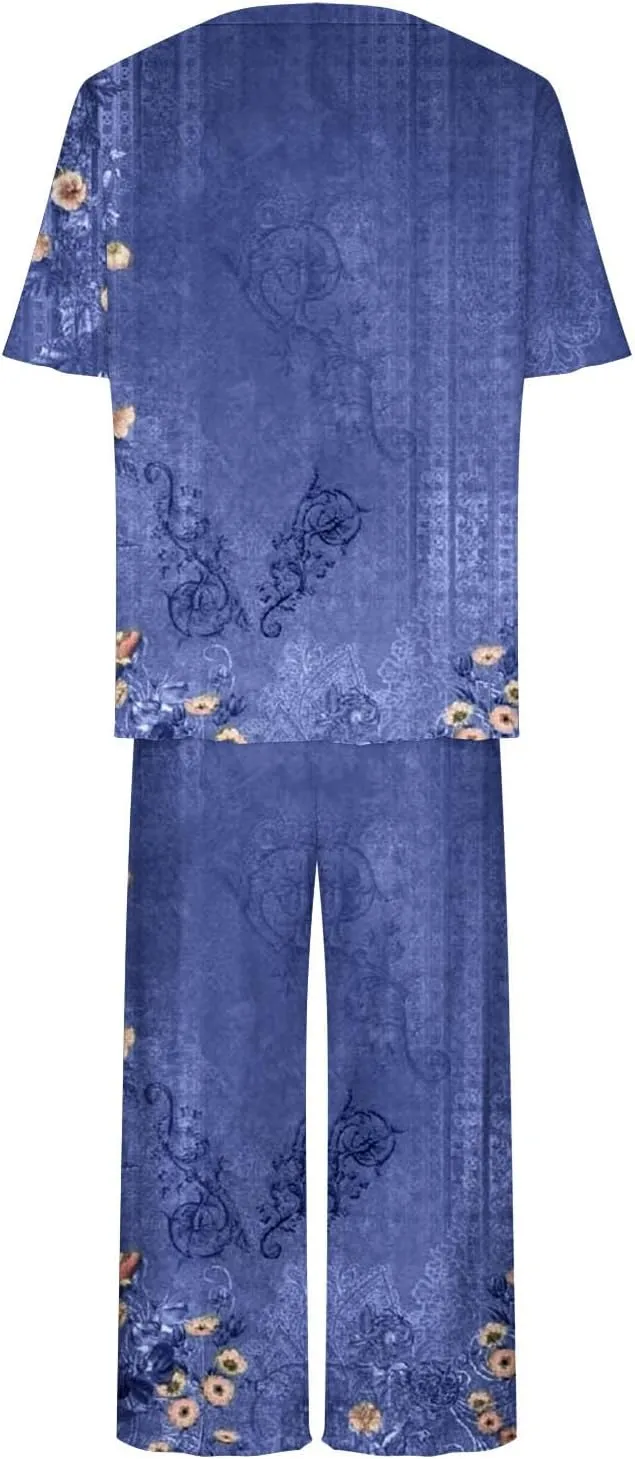 Capri Pajama Sets for Women Plus Size Floral Print Soft Sleepwear Short Sleeve Tops & Pants 2 Piece Lounge Set