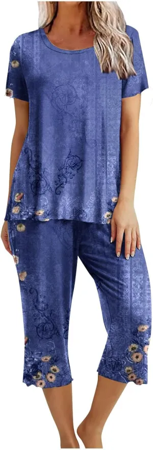 Capri Pajama Sets for Women Plus Size Floral Print Soft Sleepwear Short Sleeve Tops & Pants 2 Piece Lounge Set