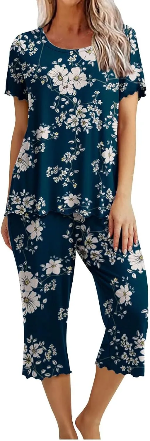 Capri Pajamas for Women Set Cotton Soft Pajamas Summer Short Sleeve Pajamas Top And Bottom Lounge Set with Pockets