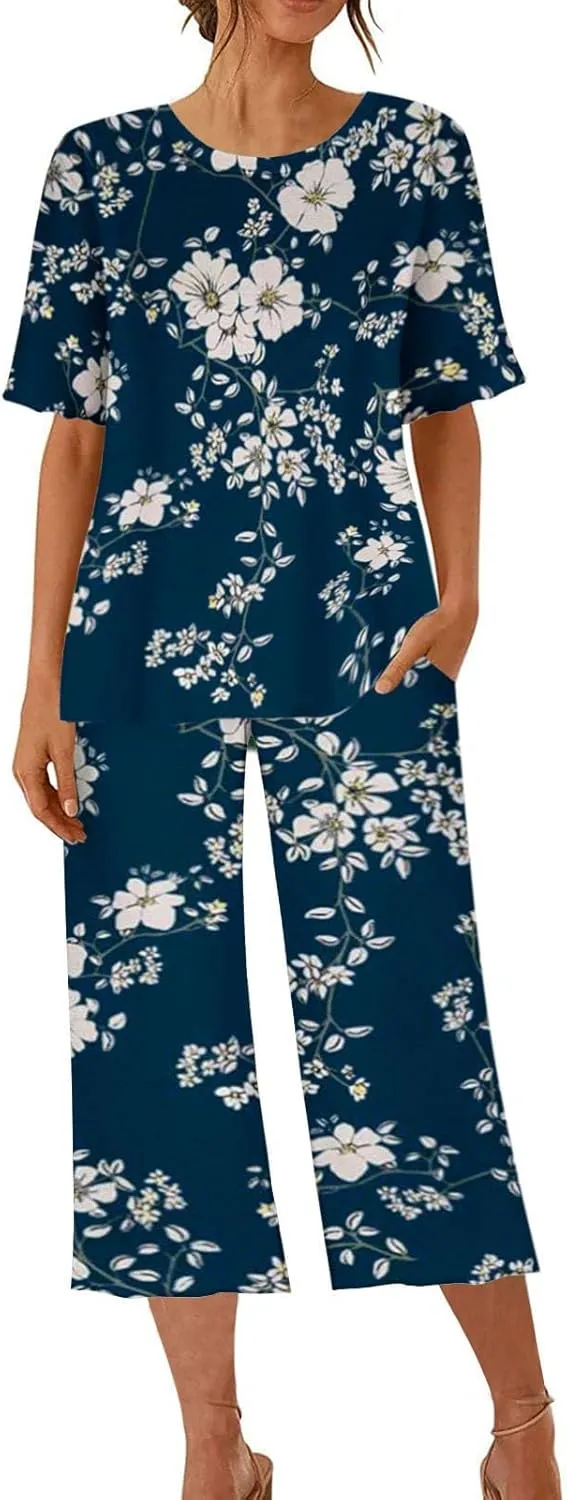 Capri Pajamas for Women Set Cotton Soft Pajamas Summer Short Sleeve Pajamas Top And Bottom Lounge Set with Pockets