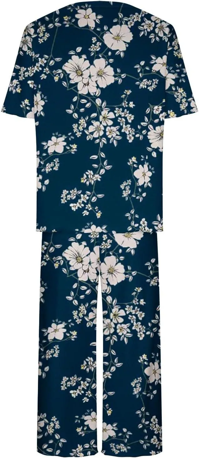 Capri Pajamas for Women Set Cotton Soft Pajamas Summer Short Sleeve Pajamas Top And Bottom Lounge Set with Pockets