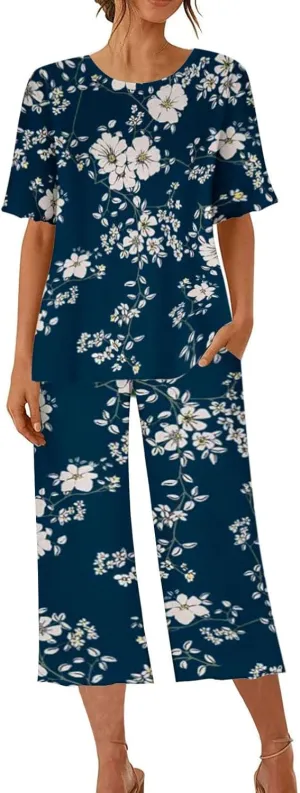 Capri Pajamas for Women Set Cotton Soft Pajamas Summer Short Sleeve Pajamas Top And Bottom Lounge Set with Pockets