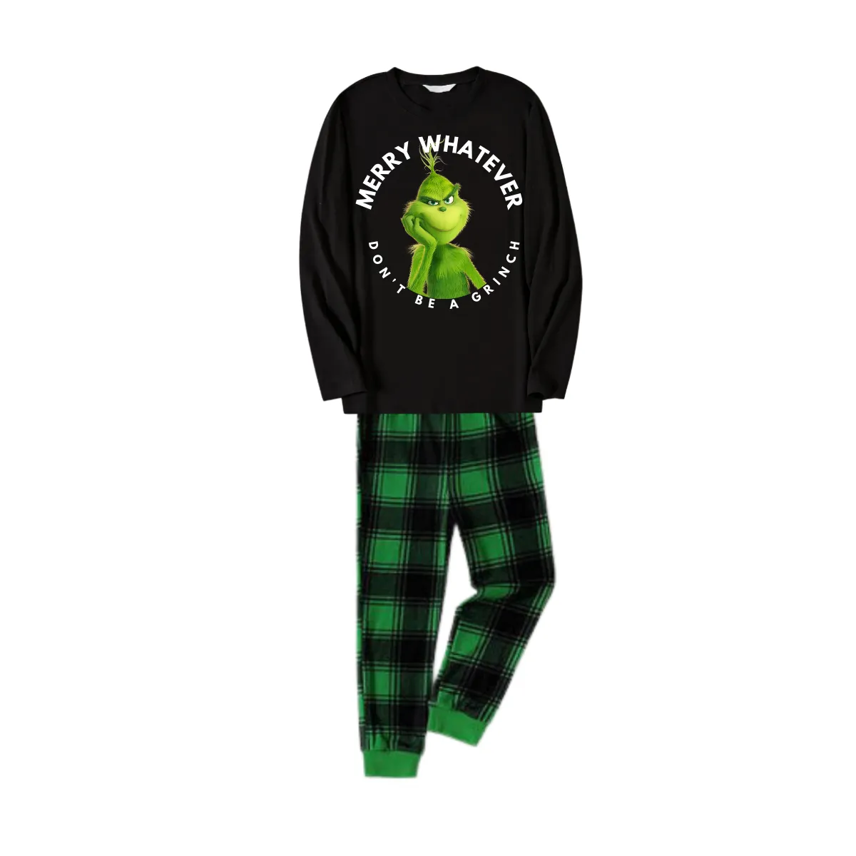 Cartoon Pattern and Christmas Slogan Printed Black Long Sleeve Top with Black And Green Plaid Pants Family Matching Pajamas