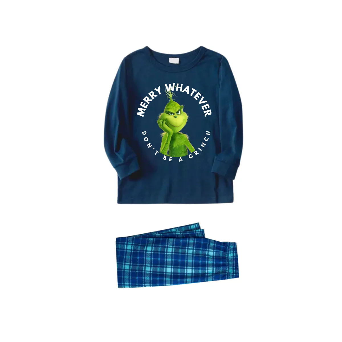 Cartoon Pattern and Christmas Slogan Printed Blue Top Sky Blue Plaid Pants Family Matching Pajamas