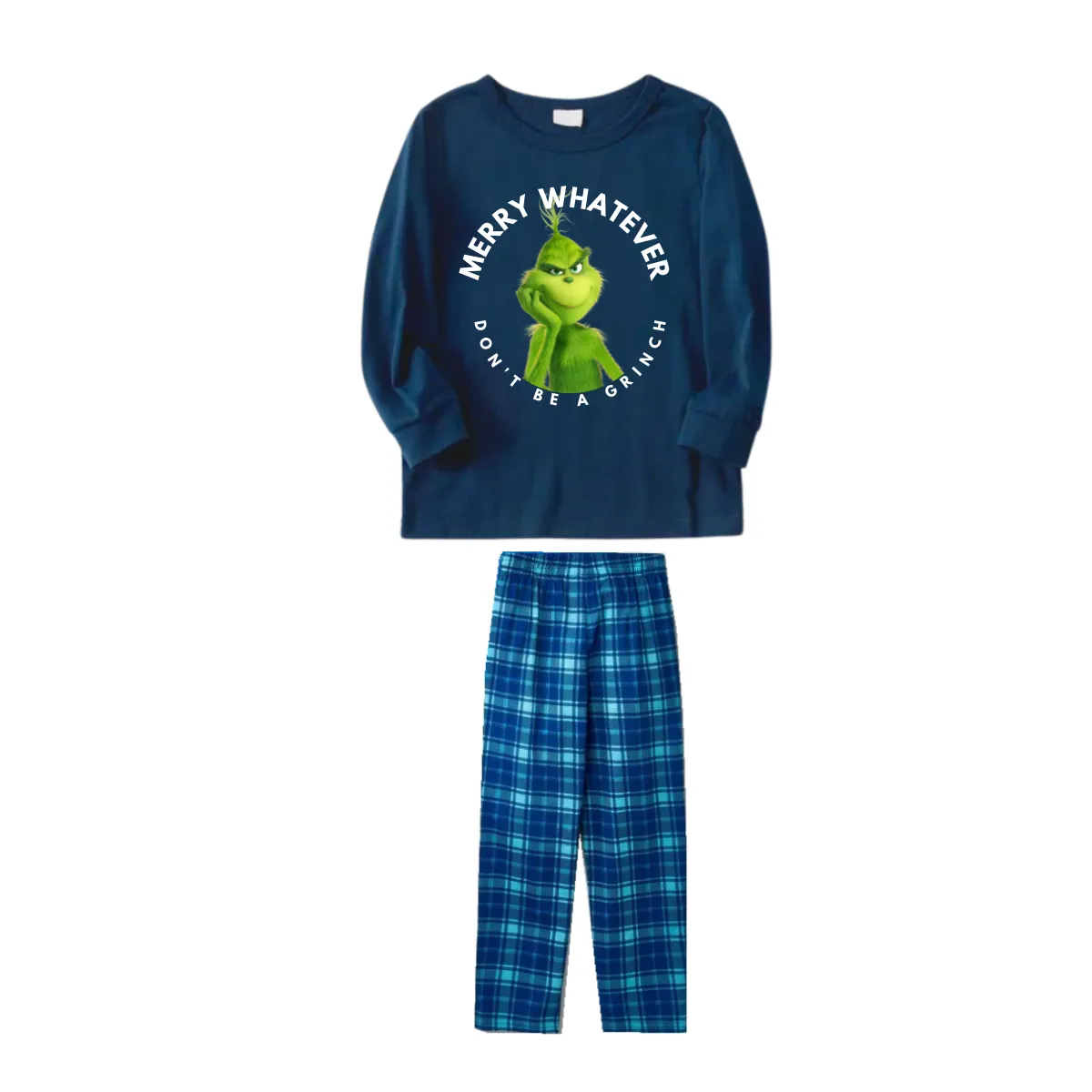 Cartoon Pattern and Christmas Slogan Printed Blue Top Sky Blue Plaid Pants Family Matching Pajamas
